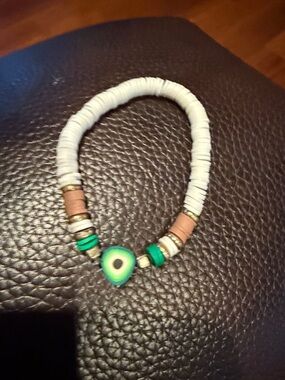Handmade White and Green Bead Bracelet with Heart Accent